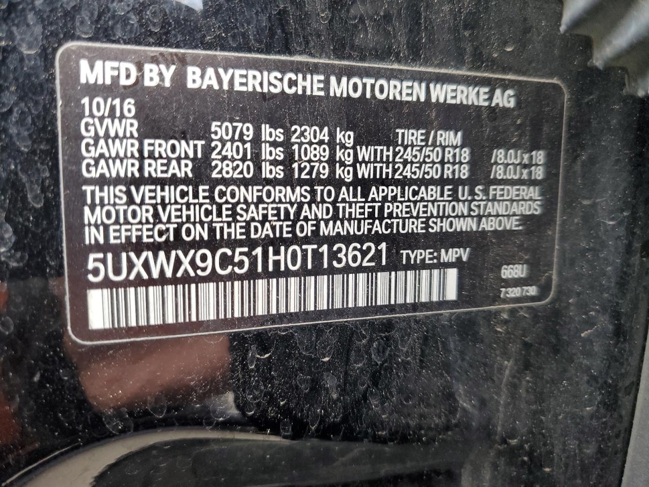 2017 BMW X3 xDrive28I VIN: 5UXWX9C51H0T13621 Lot: 60650145