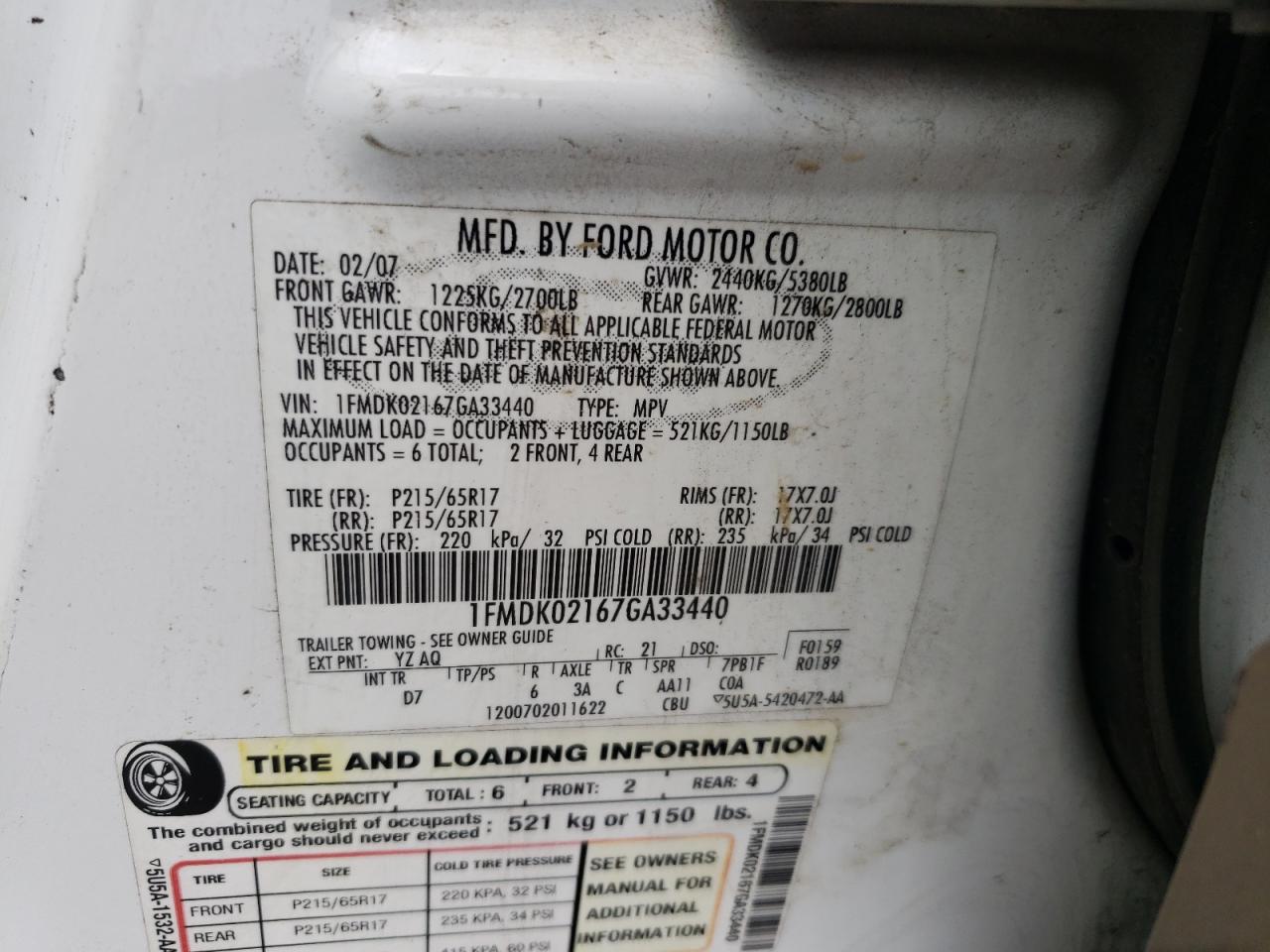 2007 Ford Freestyle Sel VIN: 1FMDK02167GA33440 Lot: 60664095