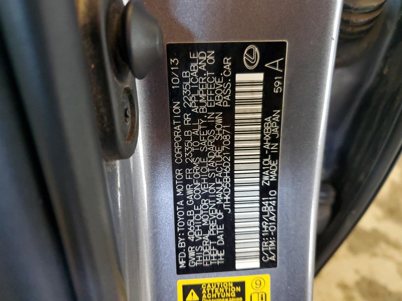 2013 Lexus Ct 200 VIN: JTHKD5BH6D2170871 Lot: 57453895