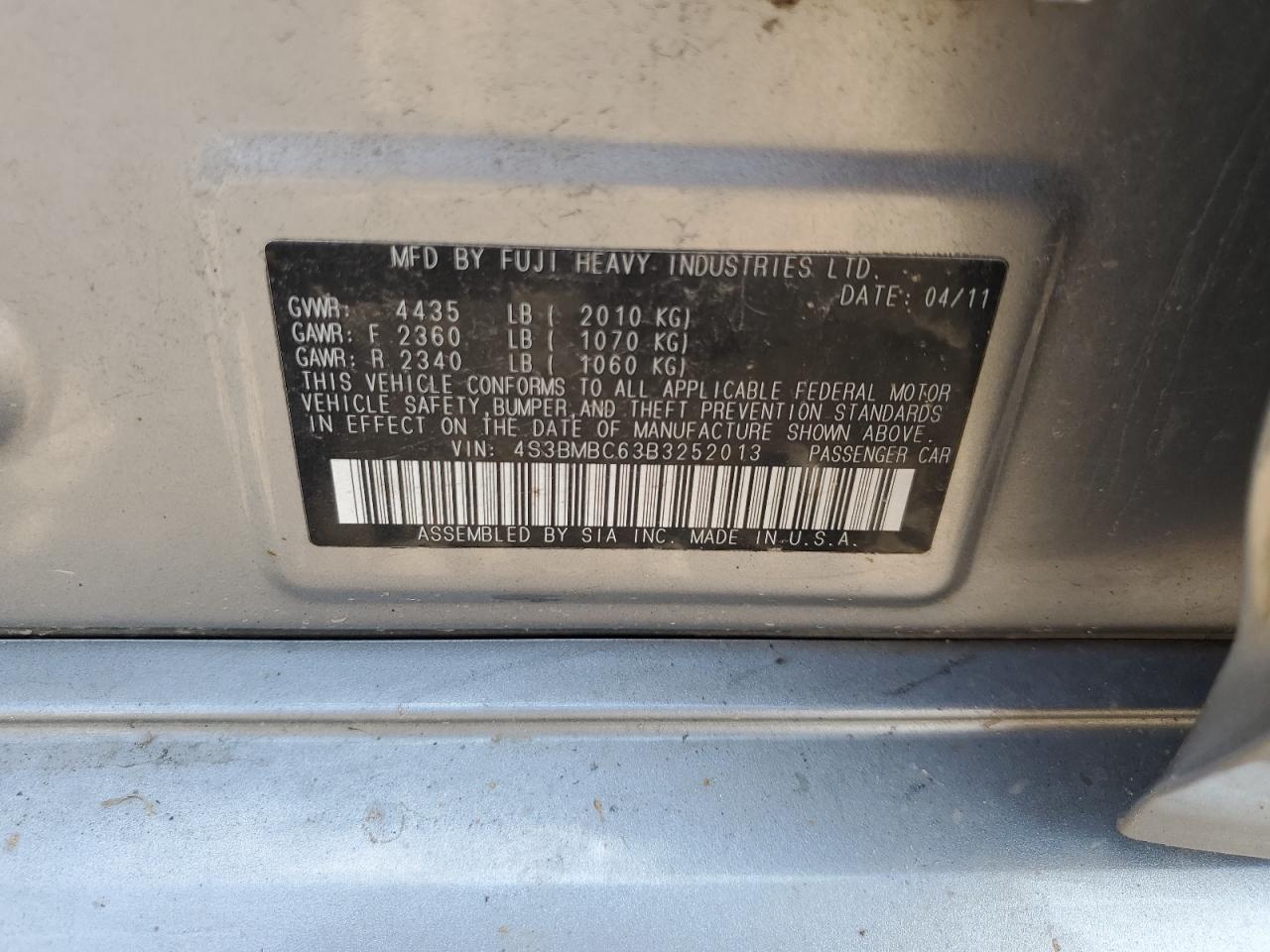 2011 Subaru Legacy 2.5I Premium VIN: 4S3BMBC63B3252013 Lot: 63046065