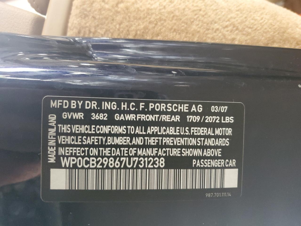 2007 Porsche Boxster S VIN: WP0CB29867U731238 Lot: 62600015