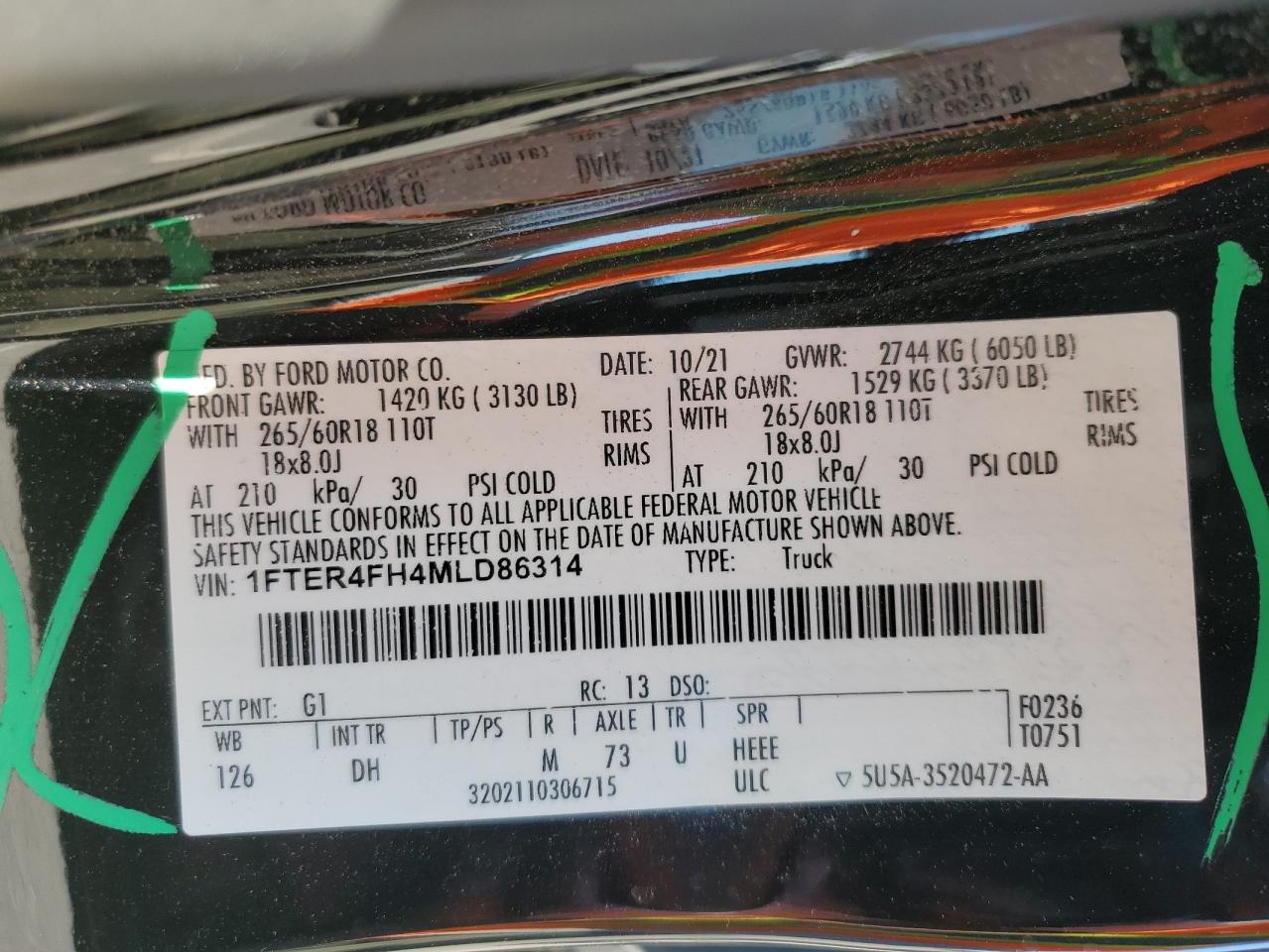 2021 Ford Ranger Xl VIN: 1FTER4FH4MLD86314 Lot: 58830955