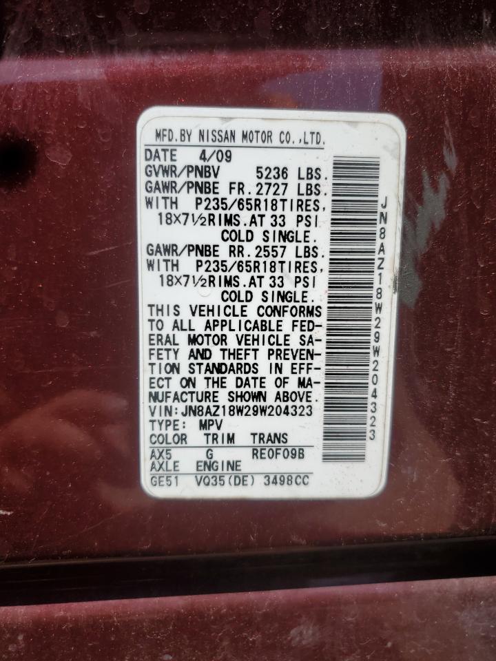 2009 Nissan Murano S VIN: JN8AZ18W29W204323 Lot: 61928435