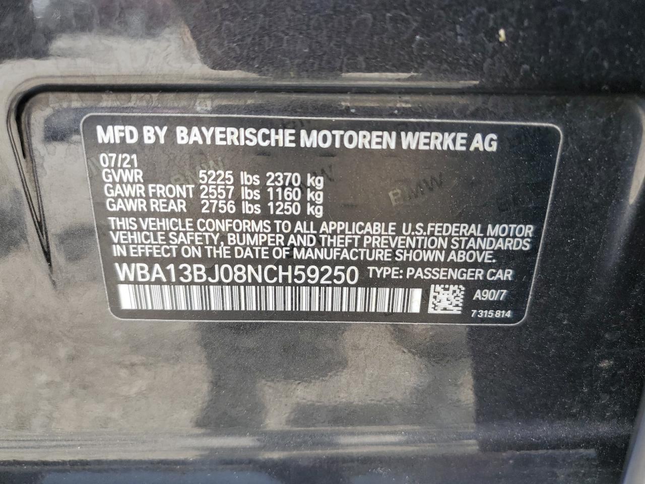 2022 BMW 530 Xi VIN: WBA13BJ08NCH59250 Lot: 59749305