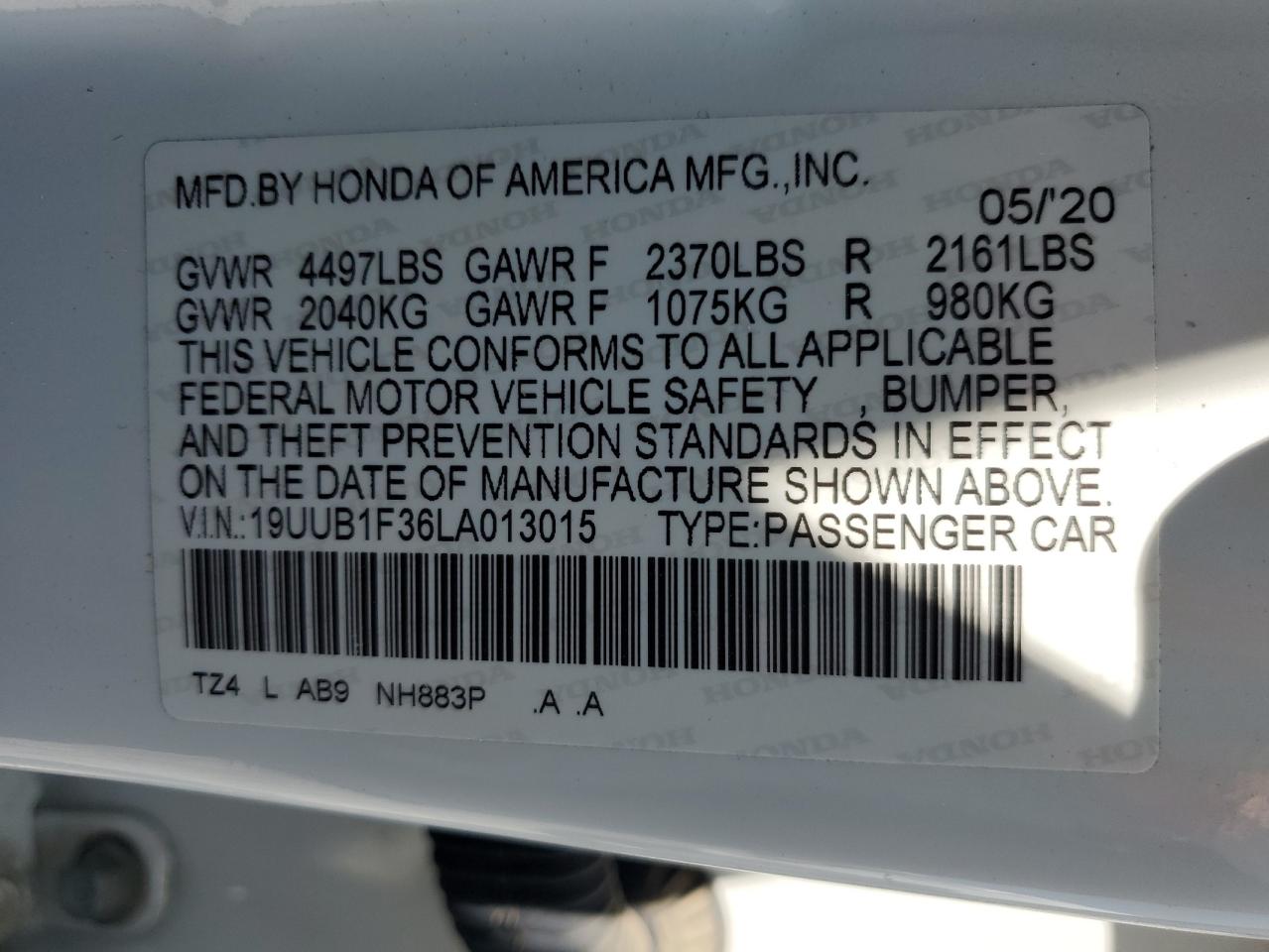 2020 Acura Tlx VIN: 19UUB1F36LA013015 Lot: 62006415