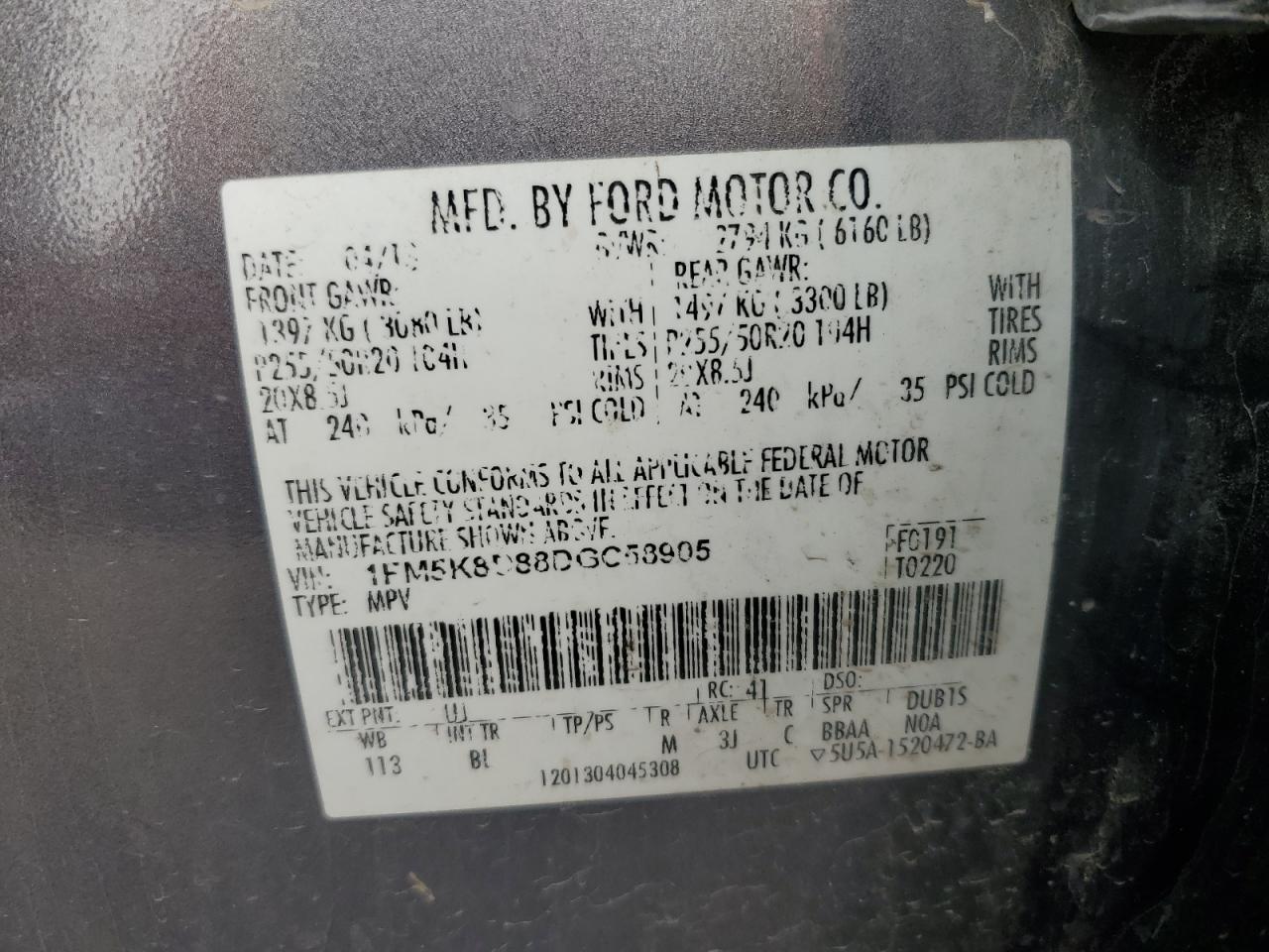 2013 Ford Explorer Xlt VIN: 1FM5K8D88DGC58905 Lot: 59480465