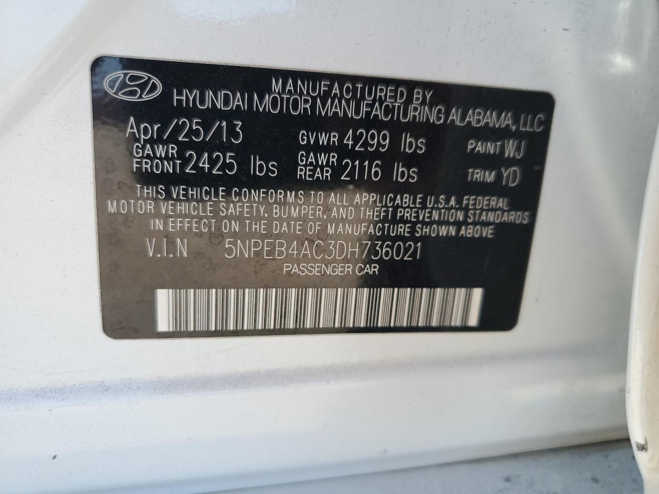 2013 Hyundai Sonata Gls VIN: 5NPEB4AC3DH736021 Lot: 62987355