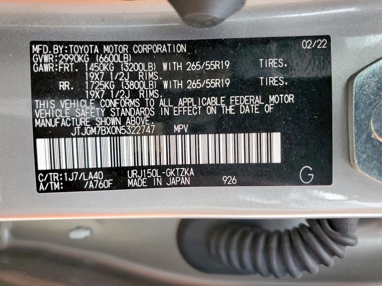 2022 Lexus Gx 460 Luxury VIN: JTJGM7BX0N5322747 Lot: 62187645
