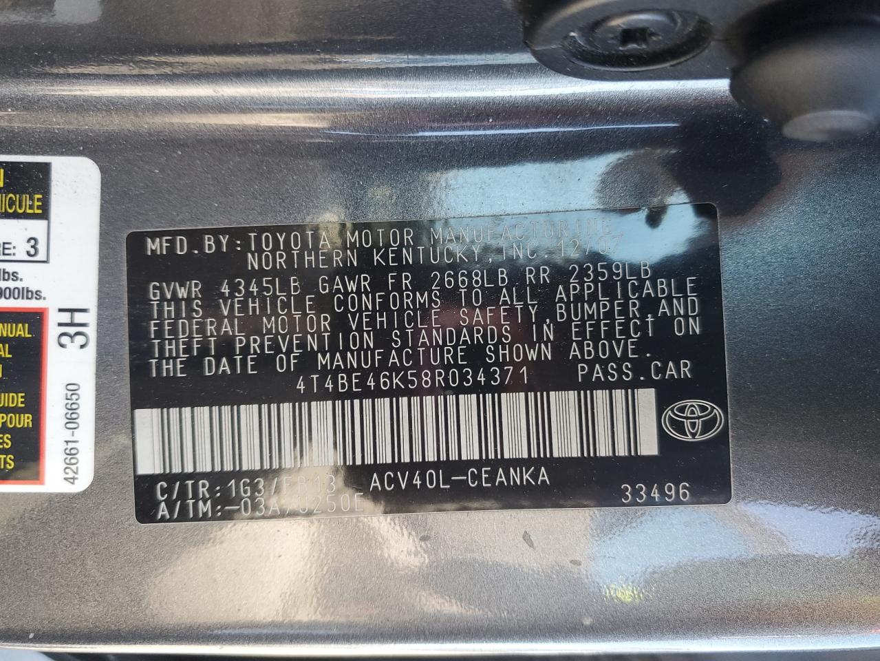 2008 Toyota Camry Ce VIN: 4T4BE46K58R034371 Lot: 62960485