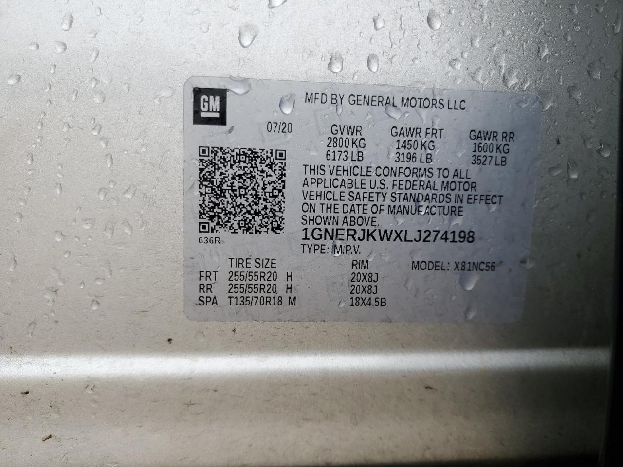 2020 Chevrolet Traverse Rs VIN: 1GNERJKWXLJ274198 Lot: 62921845