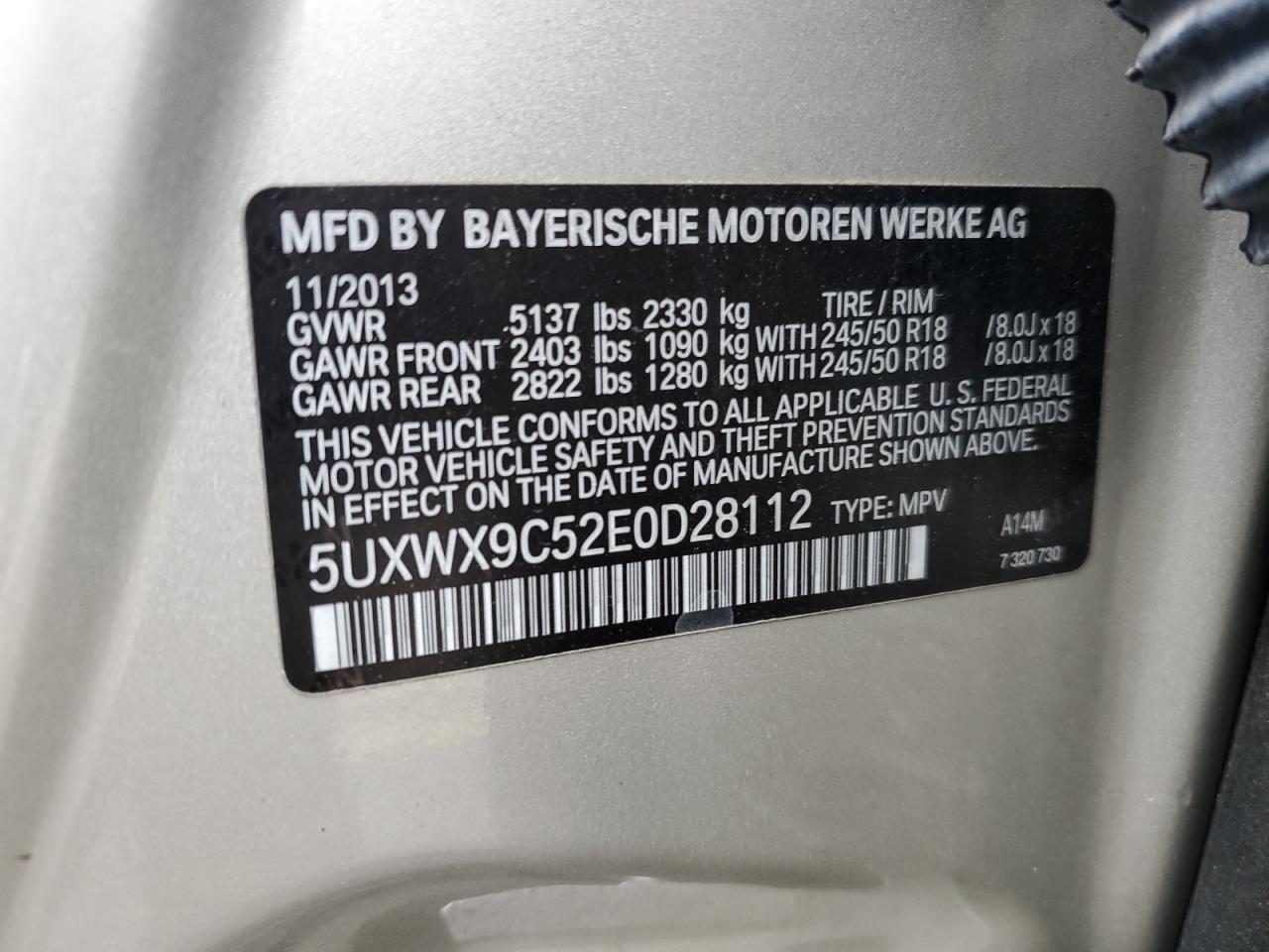 2014 BMW X3 xDrive28I VIN: 5UXWX9C52E0D28112 Lot: 62794035