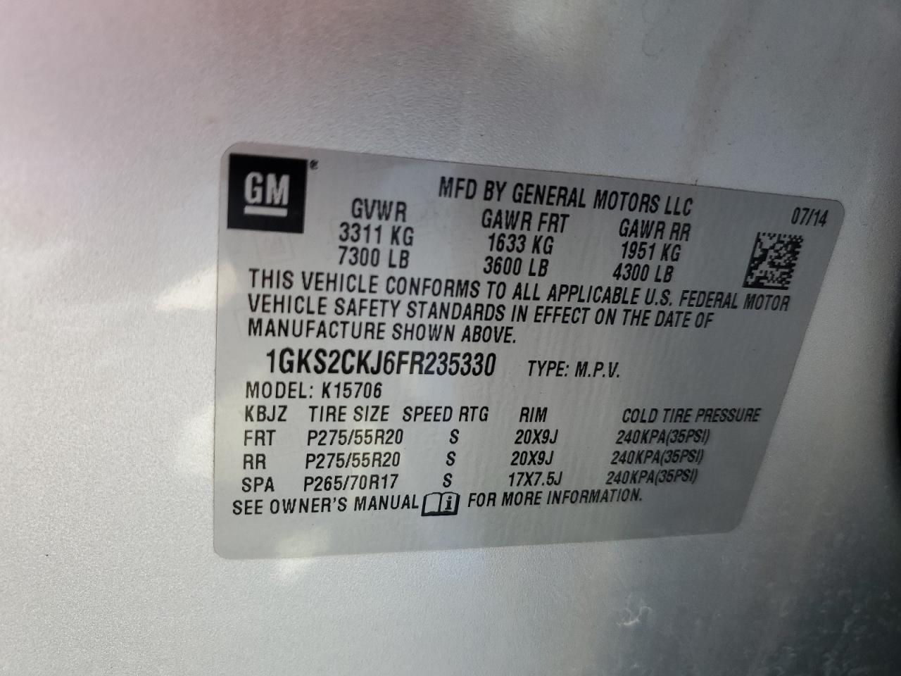 2015 GMC Yukon Denali VIN: 1GKS2CKJ6FR235330 Lot: 60097655