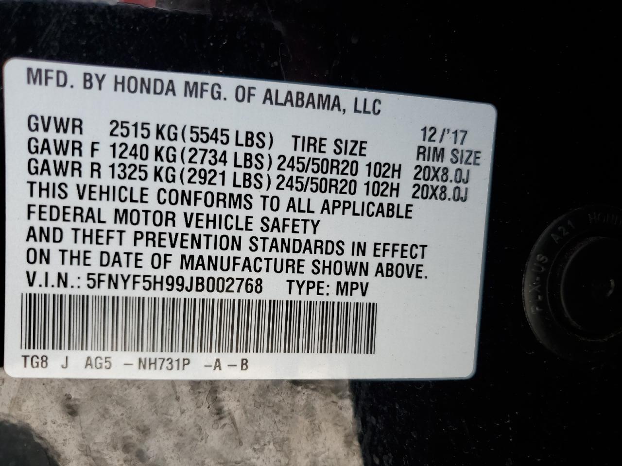 2018 Honda Pilot Touring VIN: 5FNYF5H99JB002768 Lot: 60540525