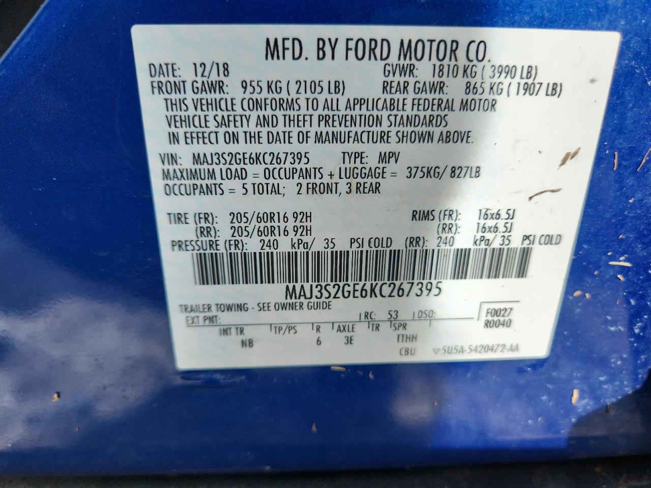 2019 Ford Ecosport Se VIN: MAJ3S2GE6KC267395 Lot: 60535135