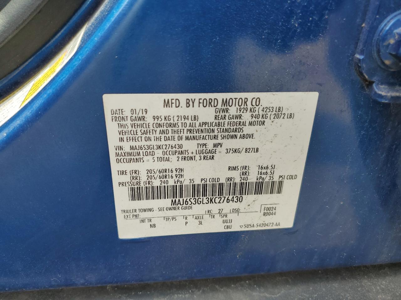 FORD ECOSPORT 2019 VIN MAJ6S3GL3KC276430 zdjęcie 13