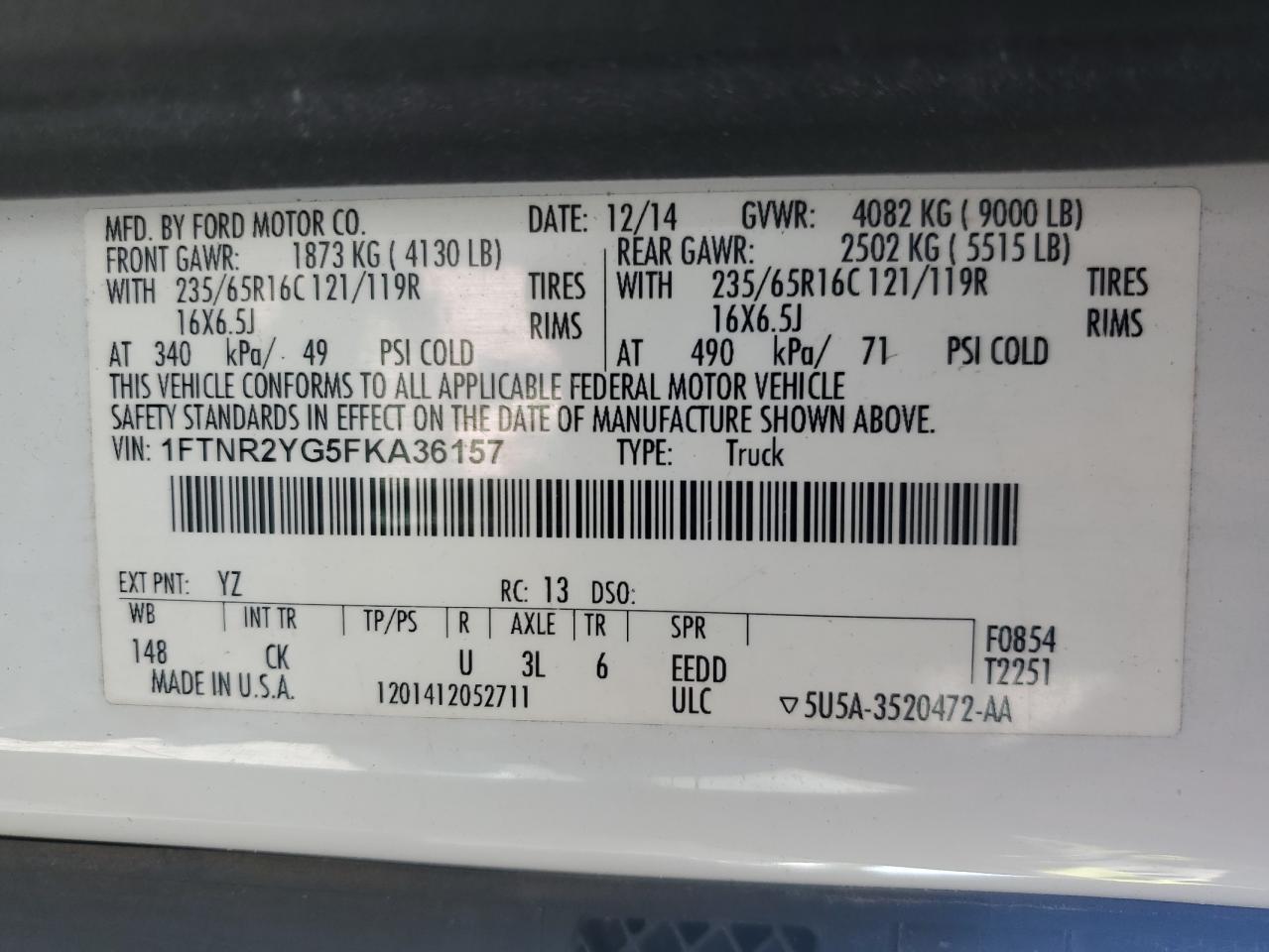 2015 Ford Transit T-250 VIN: 1FTNR2YG5FKA36157 Lot: 61771375