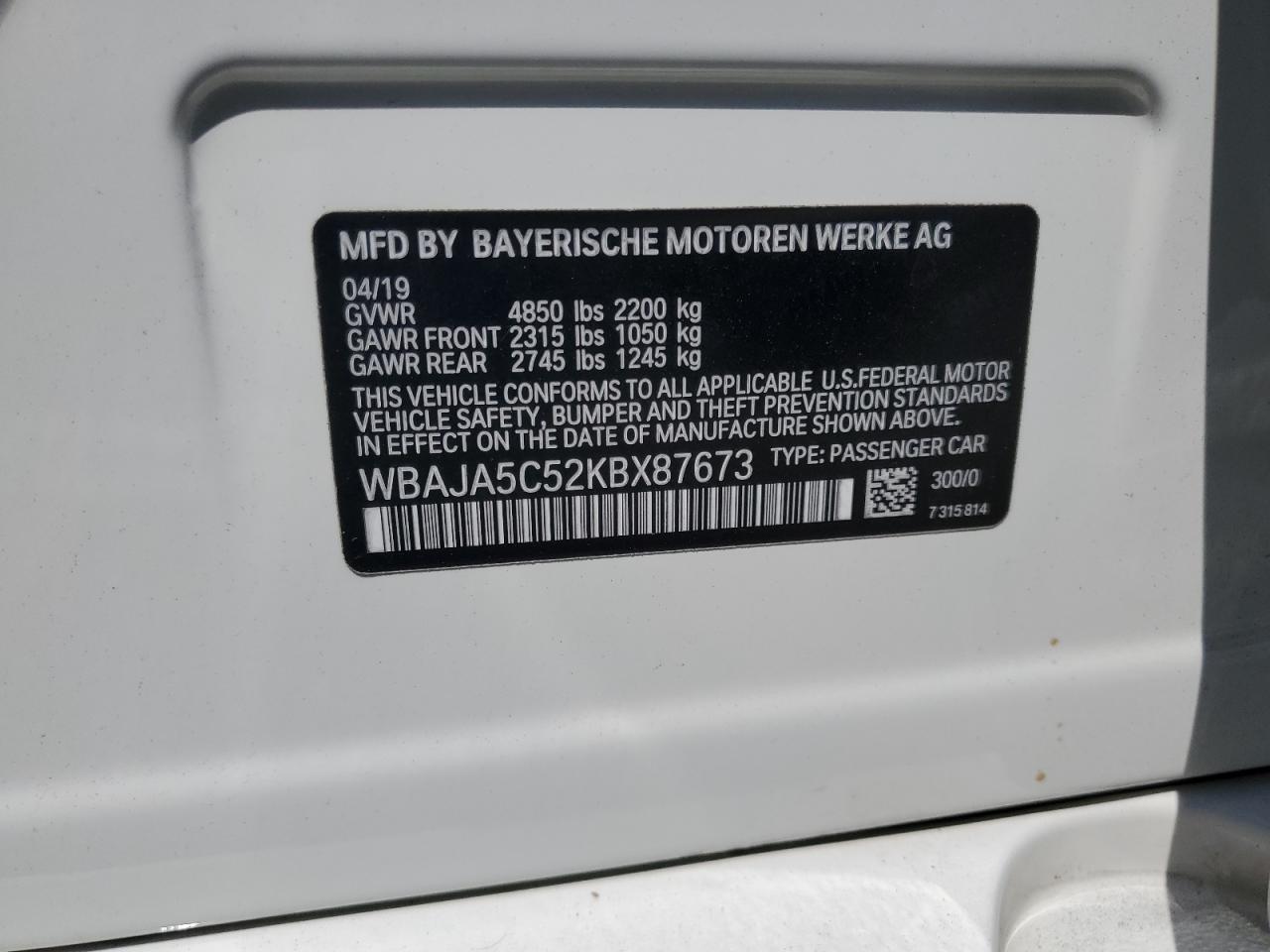 2019 BMW 530 I VIN: WBAJA5C52KBX87673 Lot: 61872865