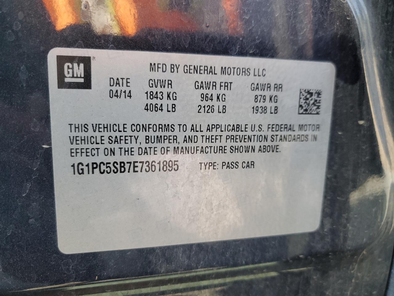 2014 Chevrolet Cruze Lt VIN: 1G1PC5SB7E7361895 Lot: 60209195
