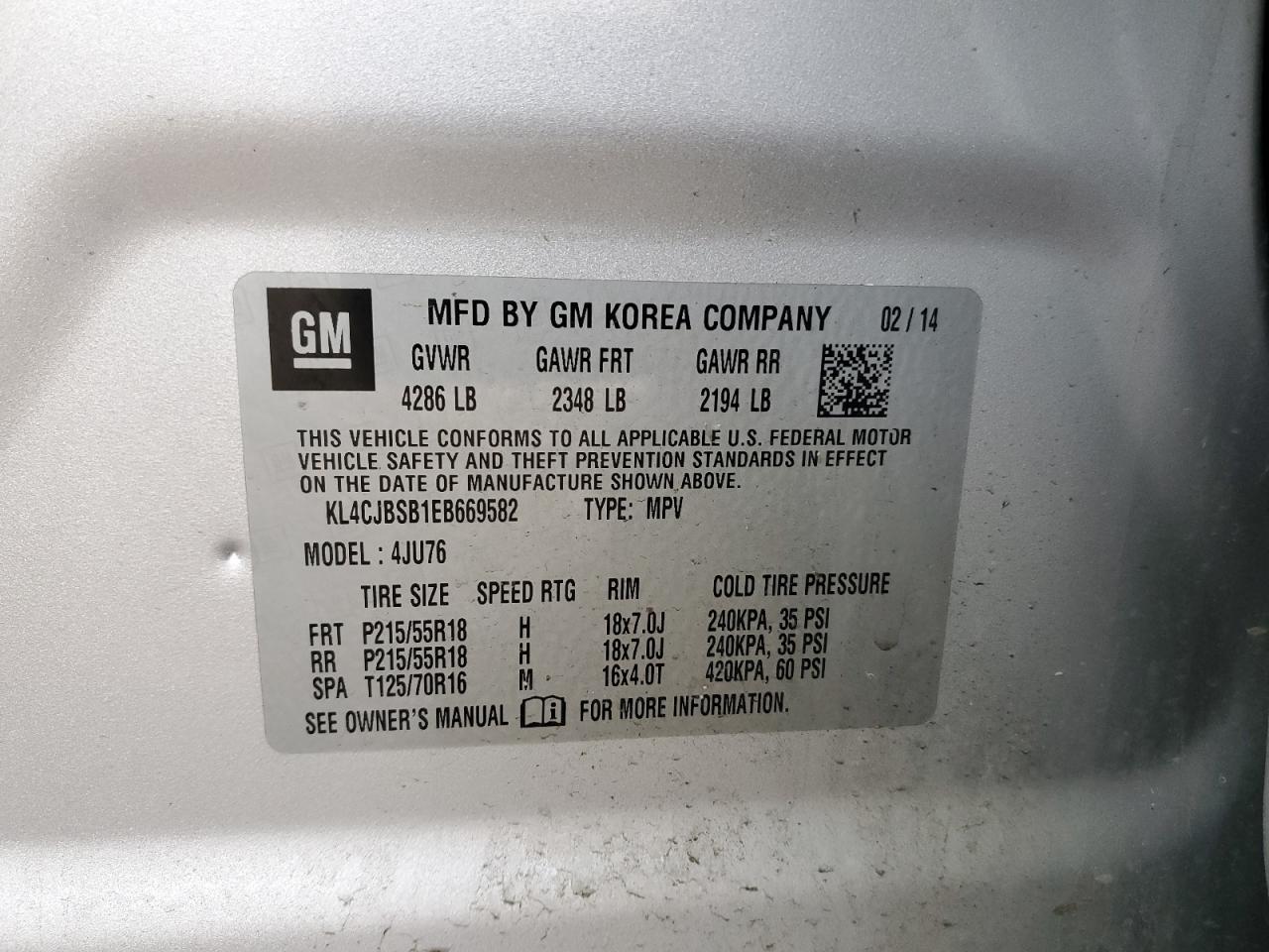 2014 Buick Encore Convenience VIN: KL4CJBSB1EB669582 Lot: 63087825