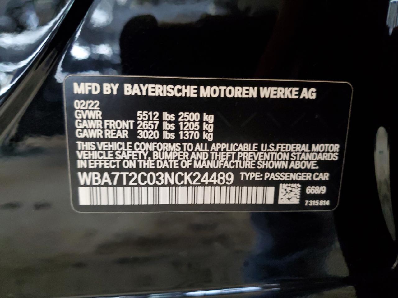 2022 BMW 740 I VIN: WBA7T2C03NCK24489 Lot: 61241055