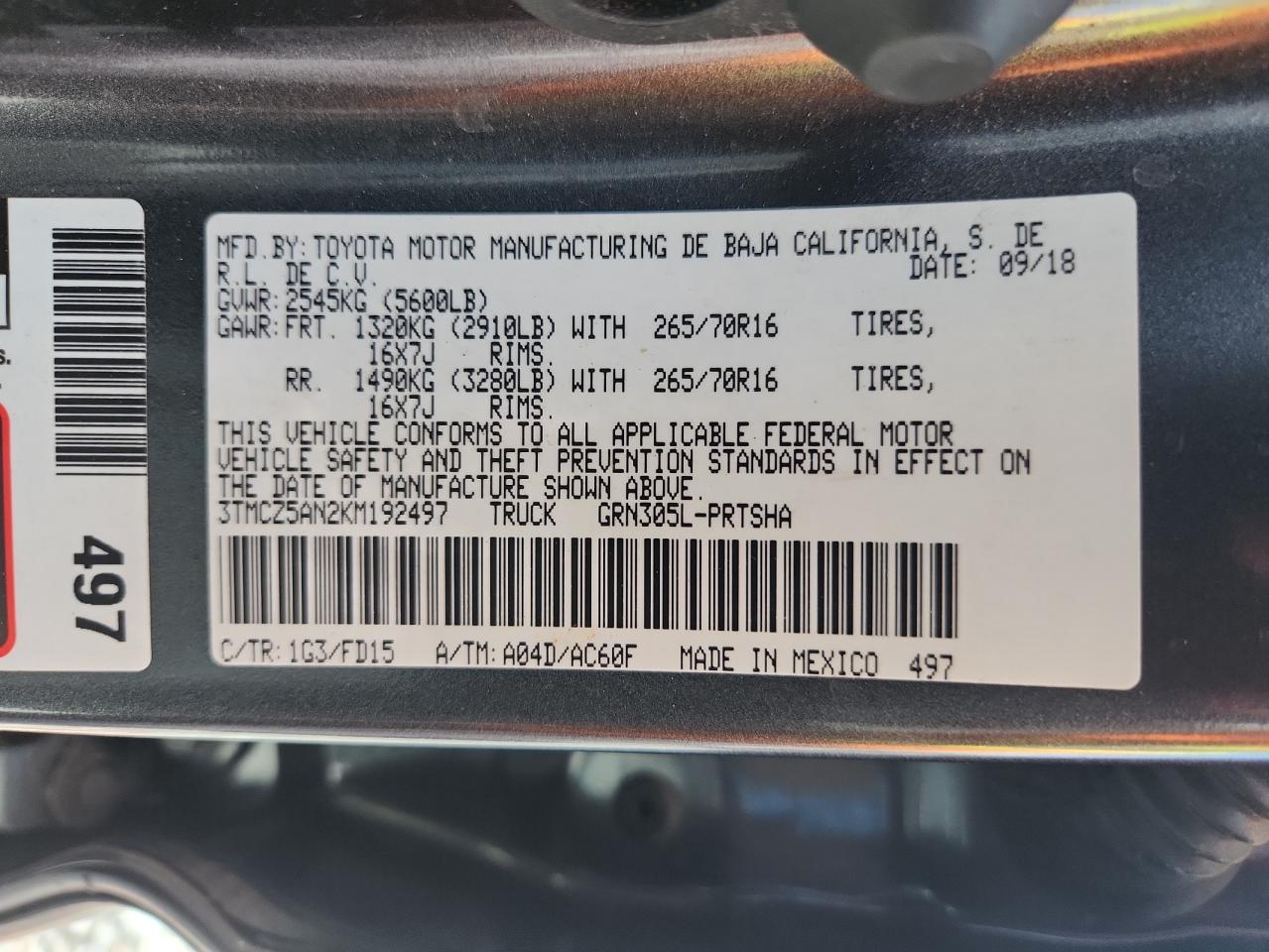 3TMCZ5AN2KM192497 2019 Toyota Tacoma Double Cab