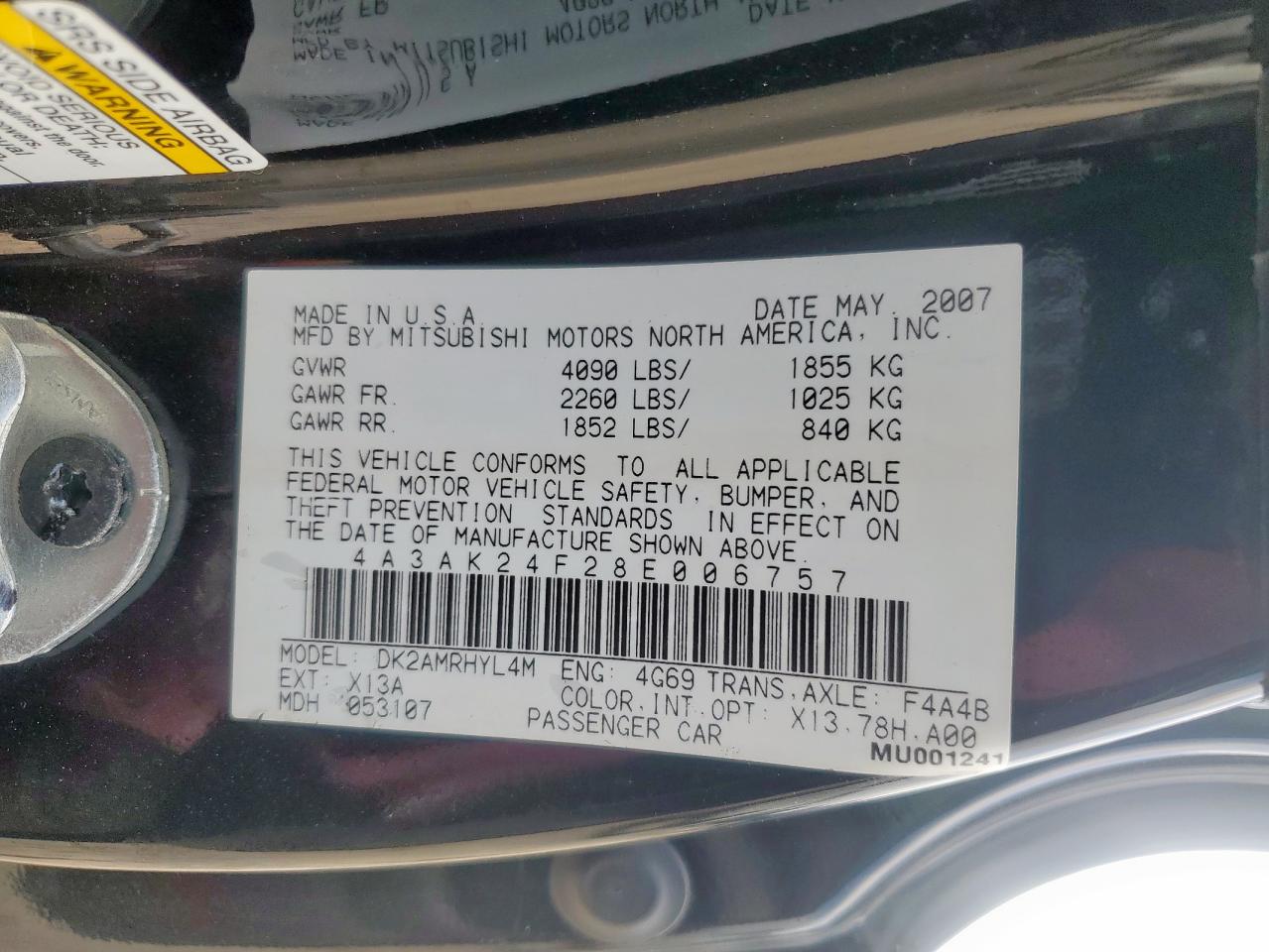 2008 Mitsubishi Eclipse Gs VIN: 4A3AK24F28E006757 Lot: 61770585