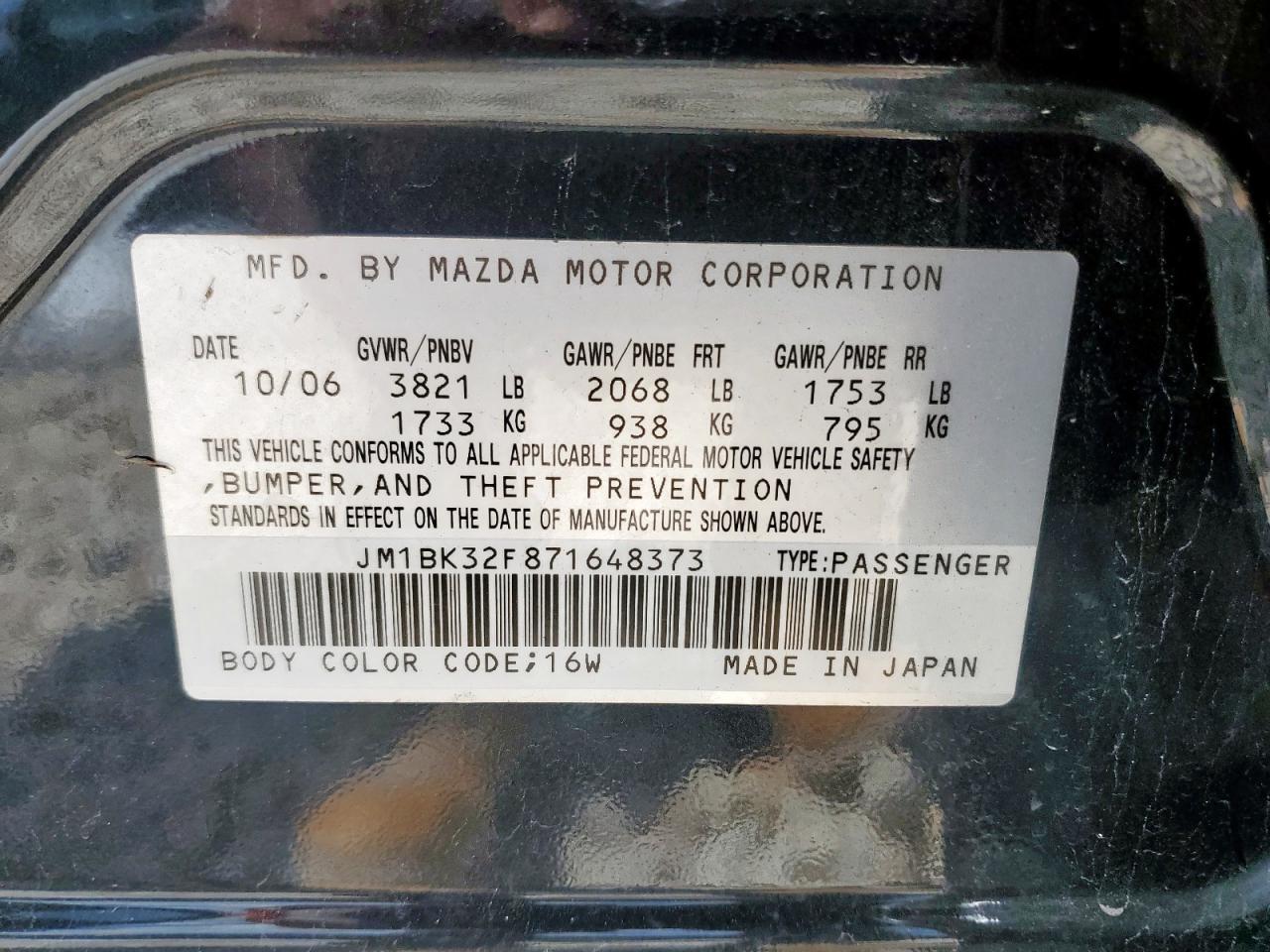 2007 Mazda 3 I VIN: JM1BK32F871648373 Lot: 61416125