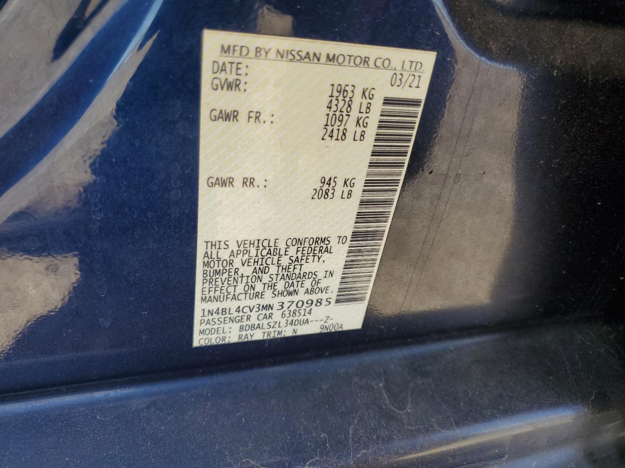 2021 Nissan Altima Sr VIN: 1N4BL4CV3MN370985 Lot: 61890815