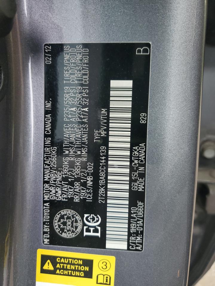 2012 Lexus Rx 350 VIN: 2T2BK1BA8CC144139 Lot: 60177965