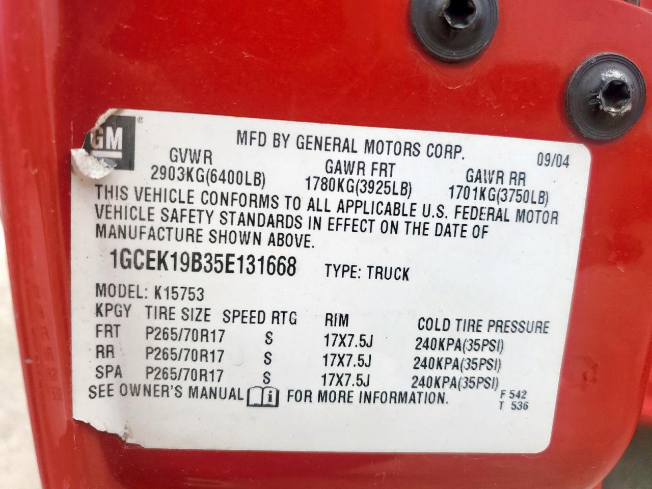 2005 Chevrolet Silverado K1500 VIN: 1GCEK19B35E131668 Lot: 59281705