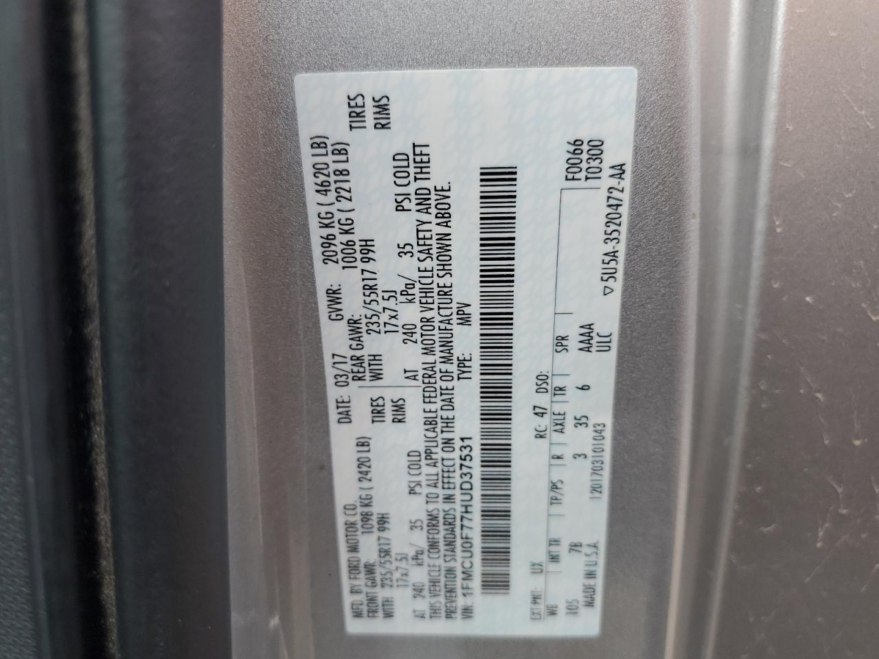 2017 Ford Escape S VIN: 1FMCU0F77HUD37531 Lot: 62632675