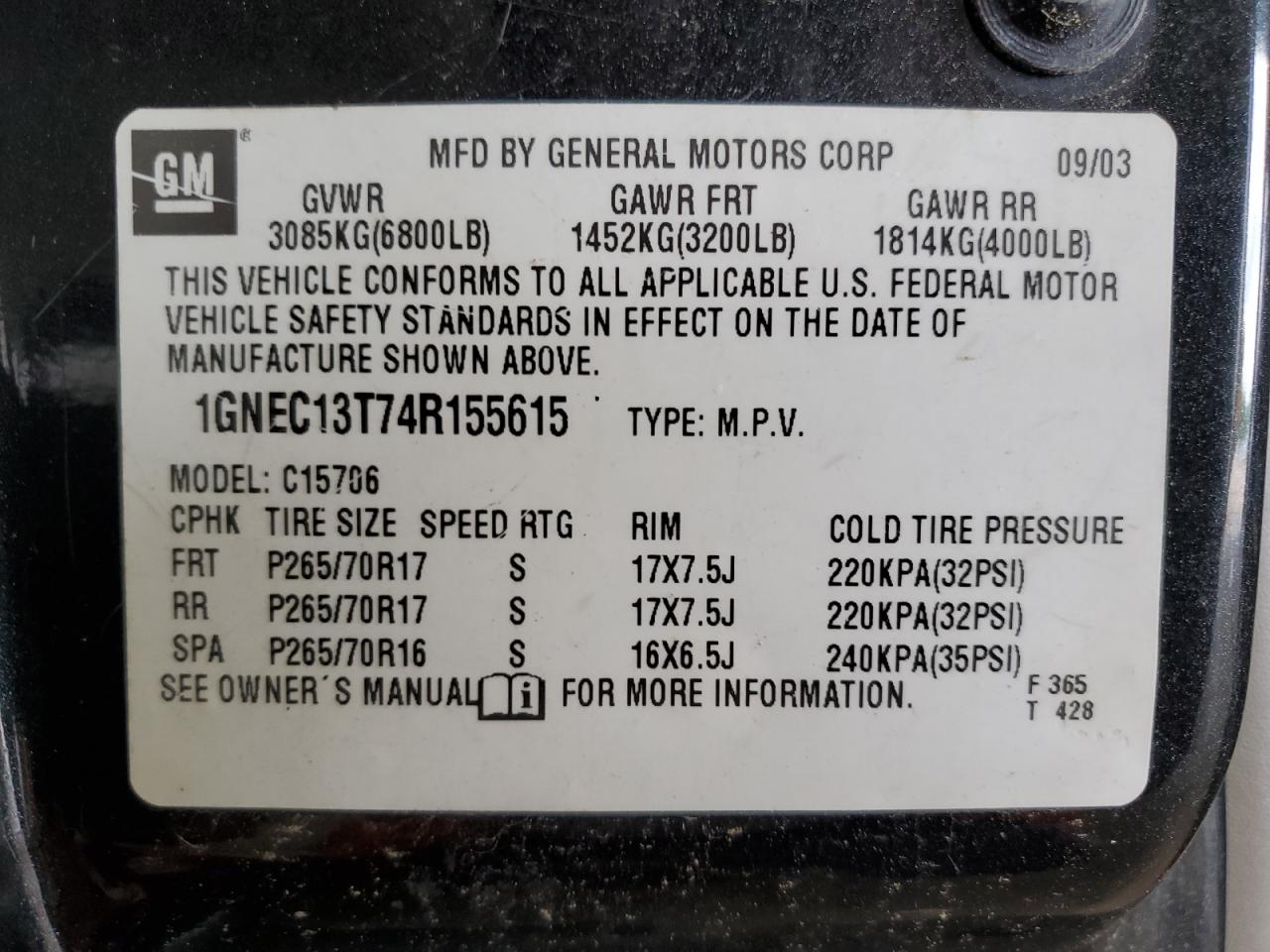 2004 Chevrolet Tahoe C1500 VIN: 1GNEC13T74R155615 Lot: 61066675