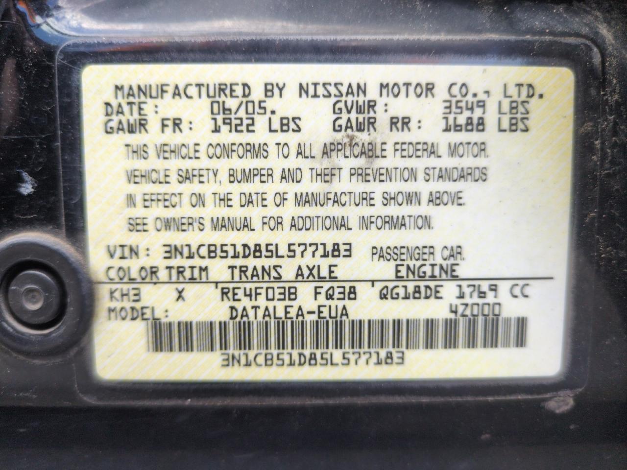 2005 Nissan Sentra 1.8 VIN: 3N1CB51D85L577183 Lot: 60751525
