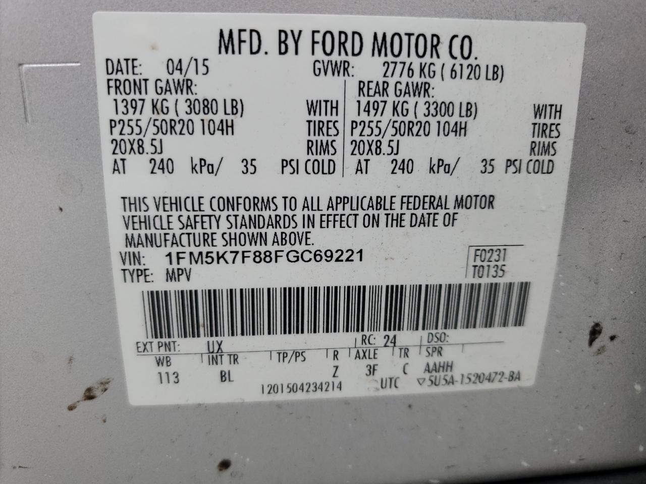 FORD EXPLORER 2015 VIN 1FM5K7F88FGC69221 фото 14