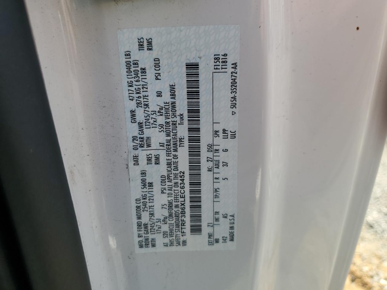 2020 Ford F350 Super Duty VIN: 1FTRF3B6XLEC63452 Lot: 60997385