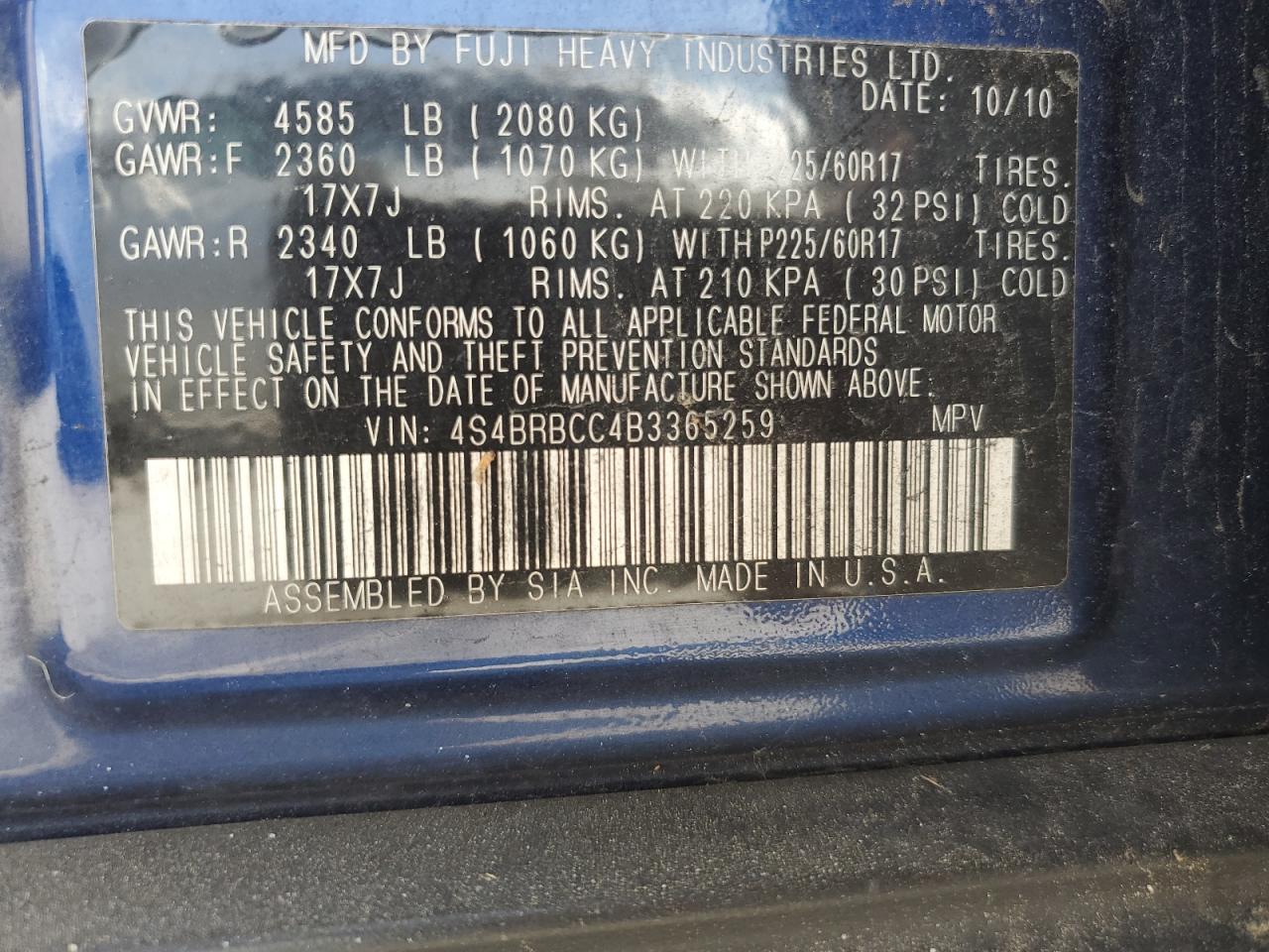 2011 Subaru Outback 2.5I Premium VIN: 4S4BRBCC4B3365259 Lot: 60829435