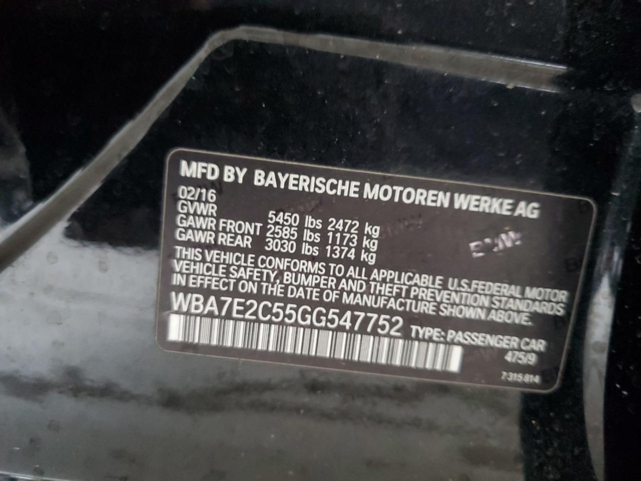 WBA7E2C55GG547752 2016 BMW 740 I