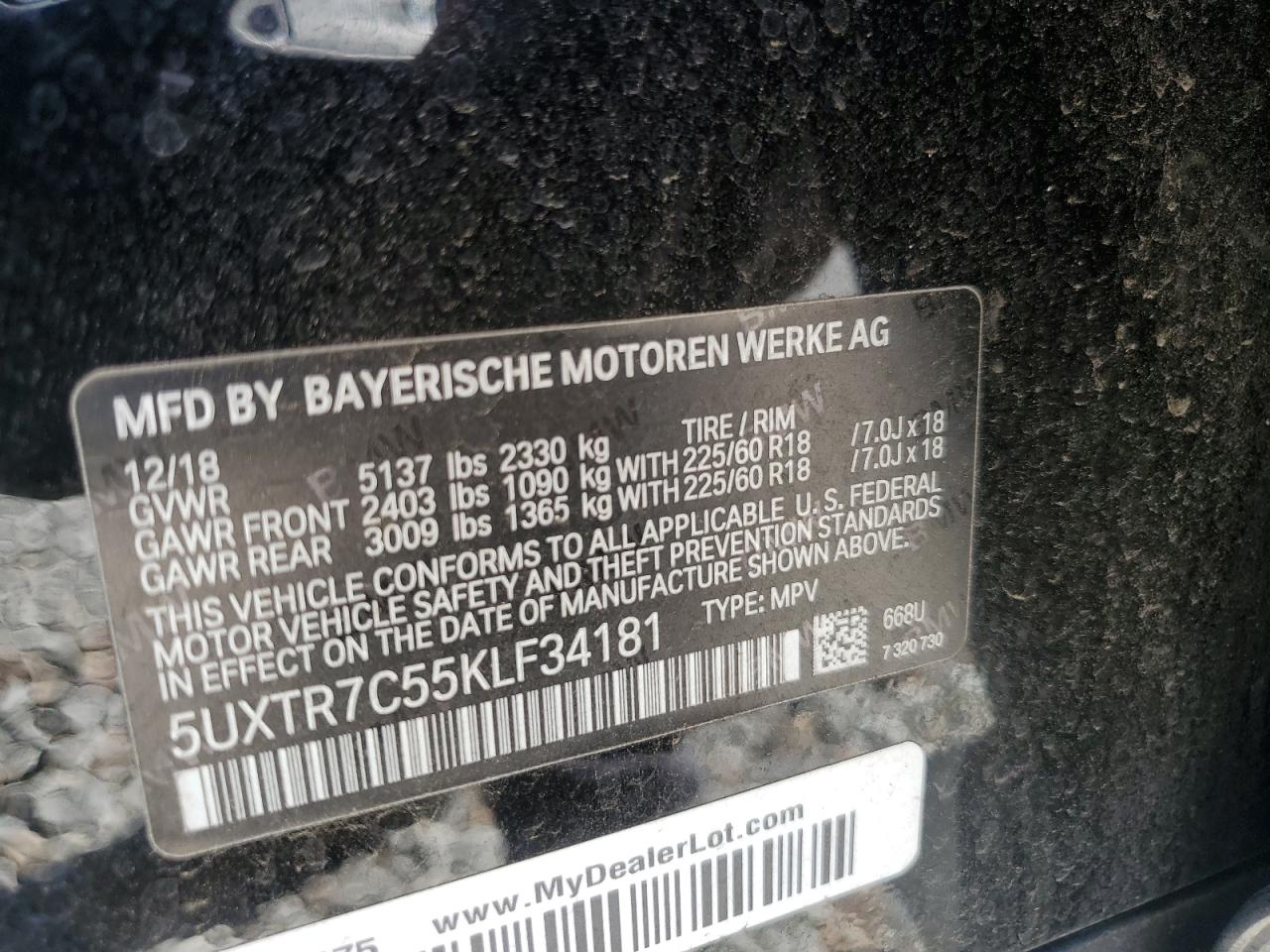 2019 BMW X3 Sdrive30I VIN: 5UXTR7C55KLF34181 Lot: 60982035