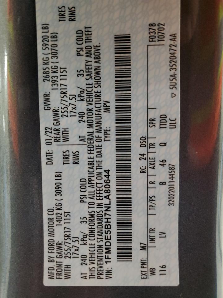 2022 Ford Bronco Base VIN: 1FMDE5BH7NLA80644 Lot: 60301295