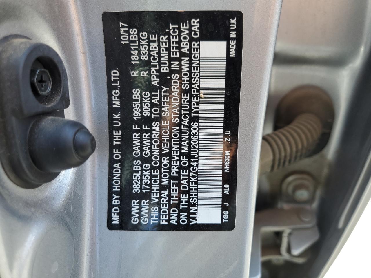 2018 Honda Civic Sport VIN: SHHFK7G41JU206306 Lot: 62527025