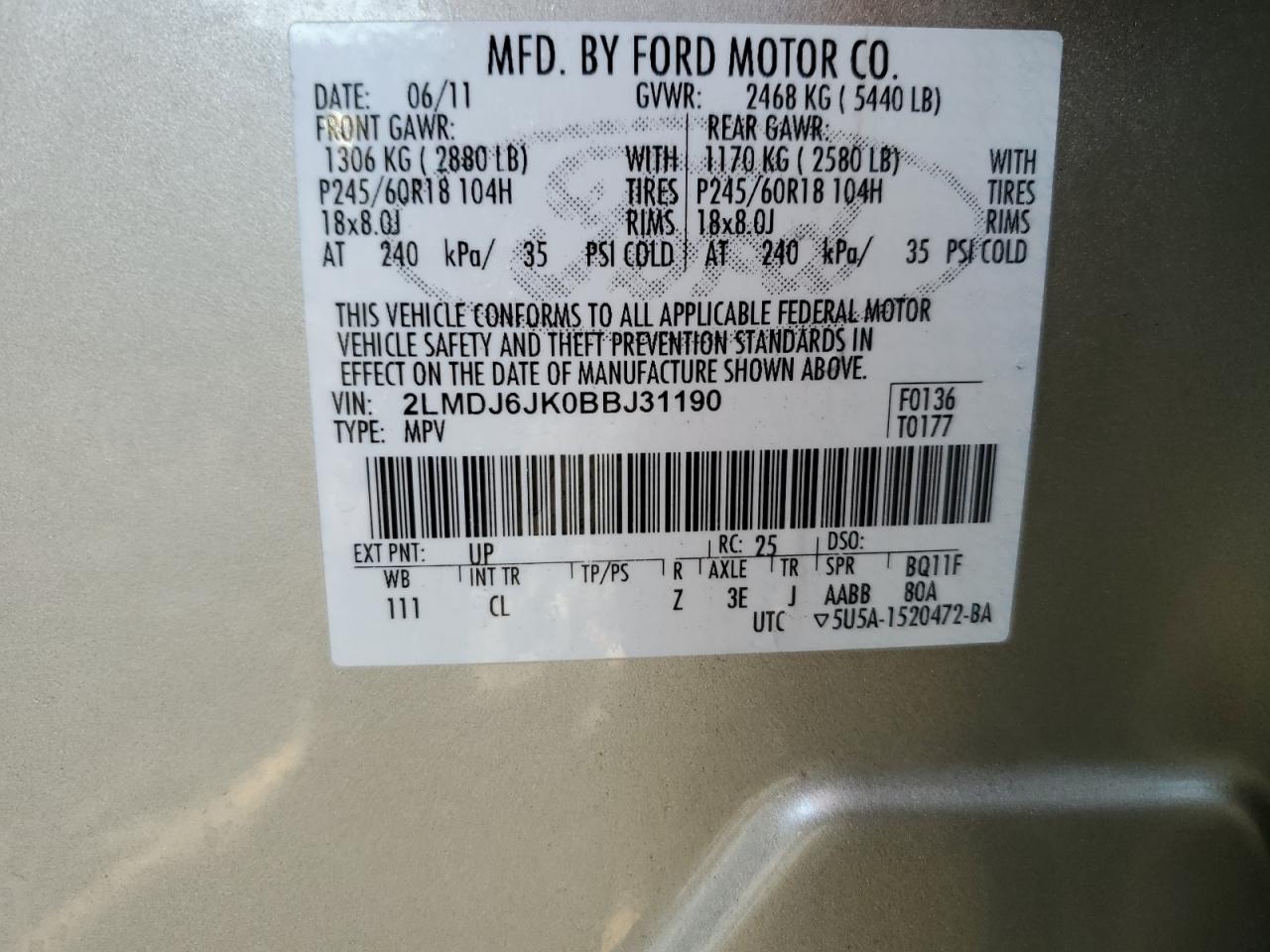 2011 Lincoln Mkx VIN: 2LMDJ6JK0BBJ31190 Lot: 62451605