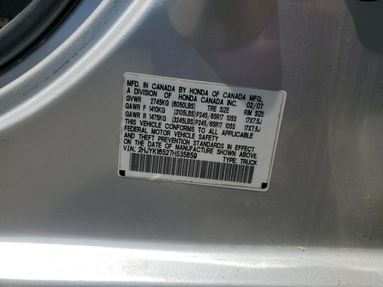 2007 Honda Ridgeline Rtl VIN: 2HJYK16527H535659 Lot: 60370155