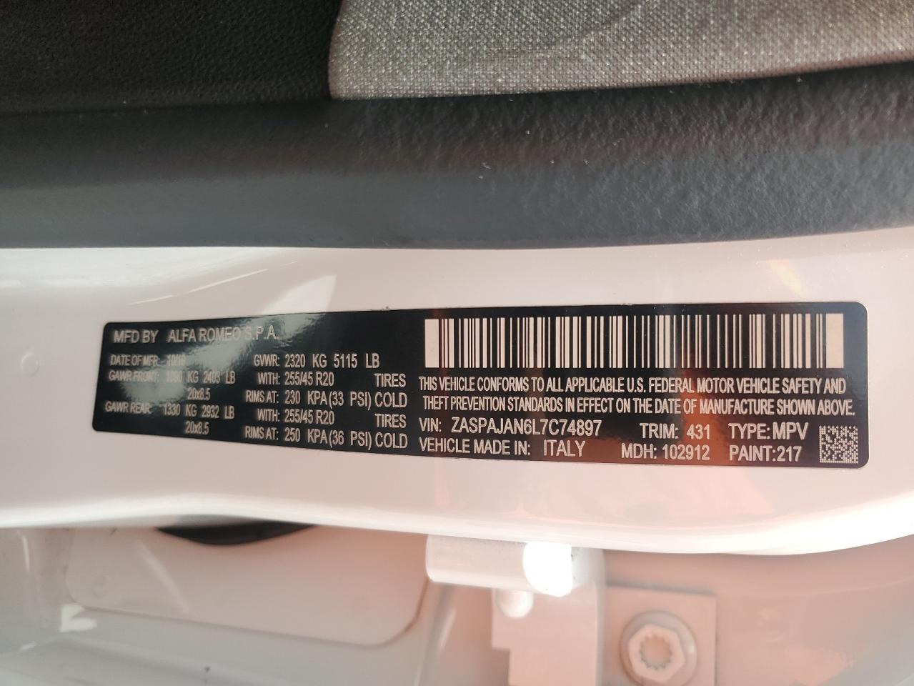 2020 Alfa Romeo Stelvio VIN: ZASPAJAN6L7C74897 Lot: 61764325