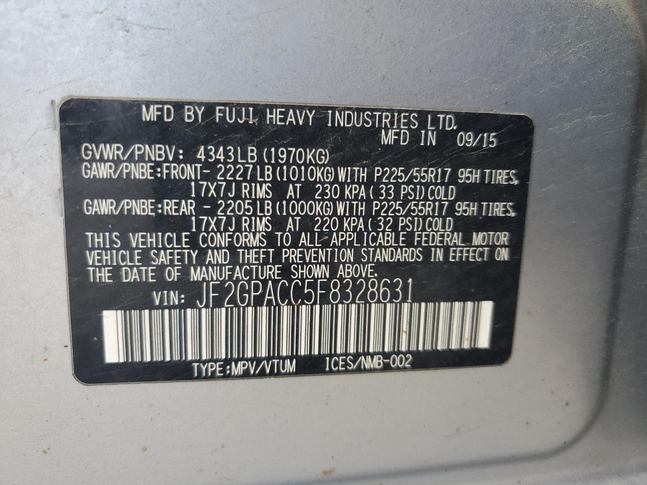 2015 Subaru Xv Crosstrek 2.0 Premium VIN: JF2GPACC5F8328631 Lot: 62376925