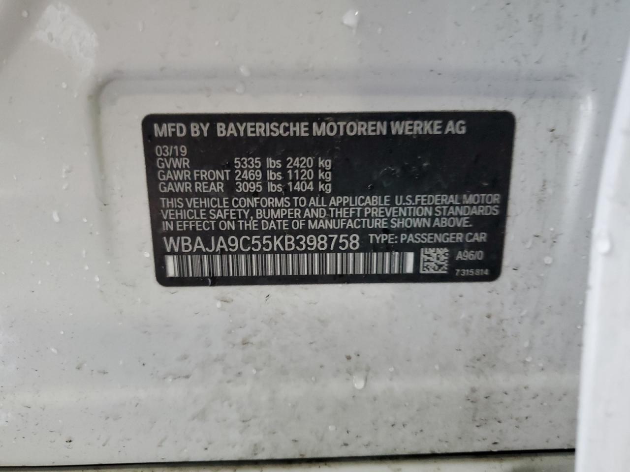 2019 BMW 530E VIN: WBAJA9C55KB398758 Lot: 62708525