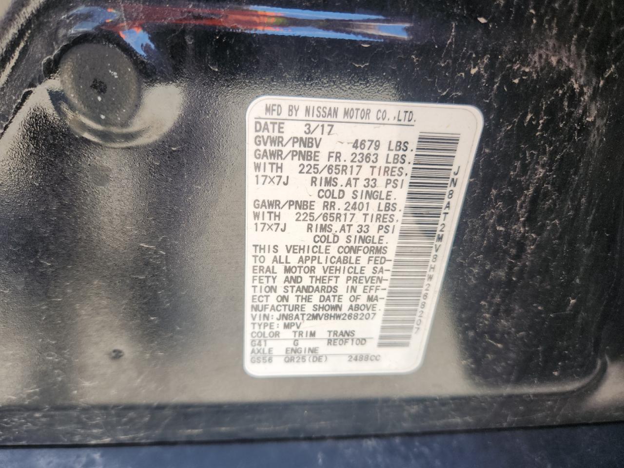 2017 Nissan Rogue S VIN: JN8AT2MV8HW268207 Lot: 62651275