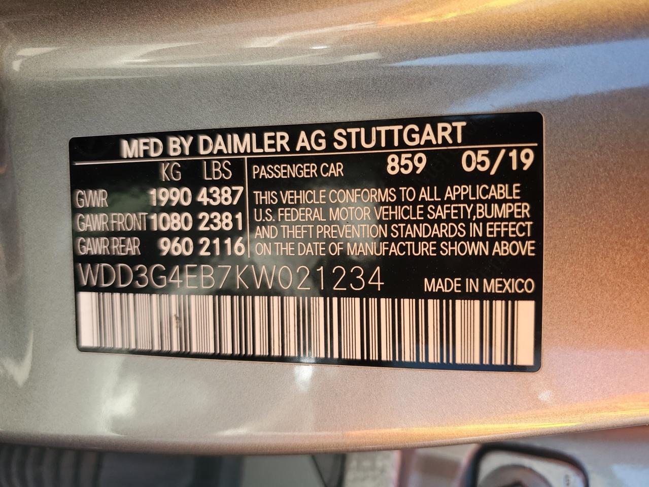2019 Mercedes-Benz A 220 VIN: WDD3G4EB7KW021234 Lot: 59892095