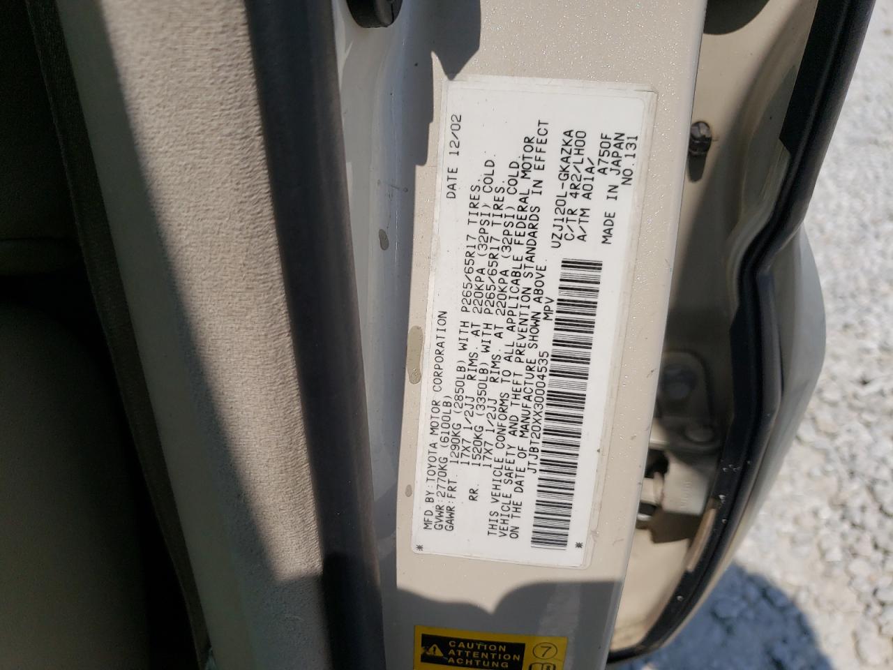 2003 Lexus Gx 470 VIN: JTJBT20XX30004535 Lot: 62351605