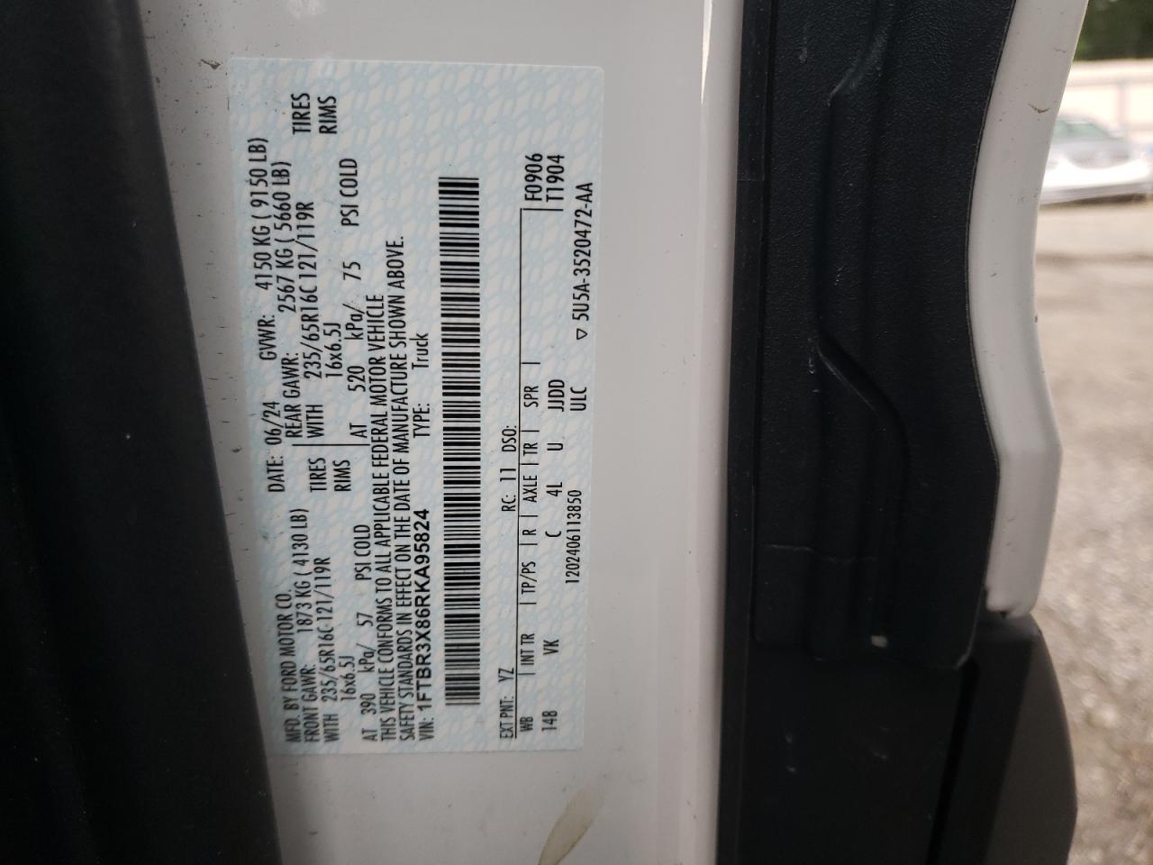 2024 Ford Transit T-250 VIN: 1FTBR3X86RKA95824 Lot: 62324075