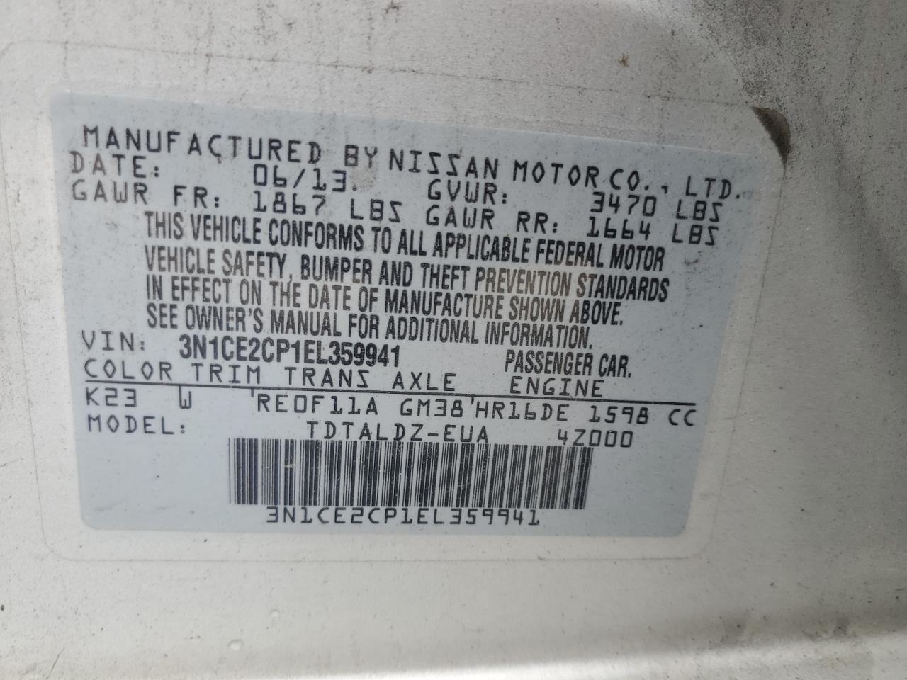 NISSAN VERSA 2014 VIN 3N1CE2CP1EL359941 photo 12